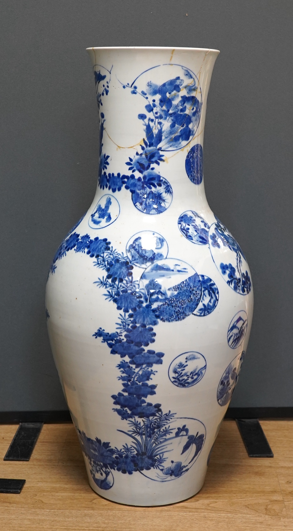 A massive late 19th century Japanese Arita blue and white vase, 79cm (damaged)